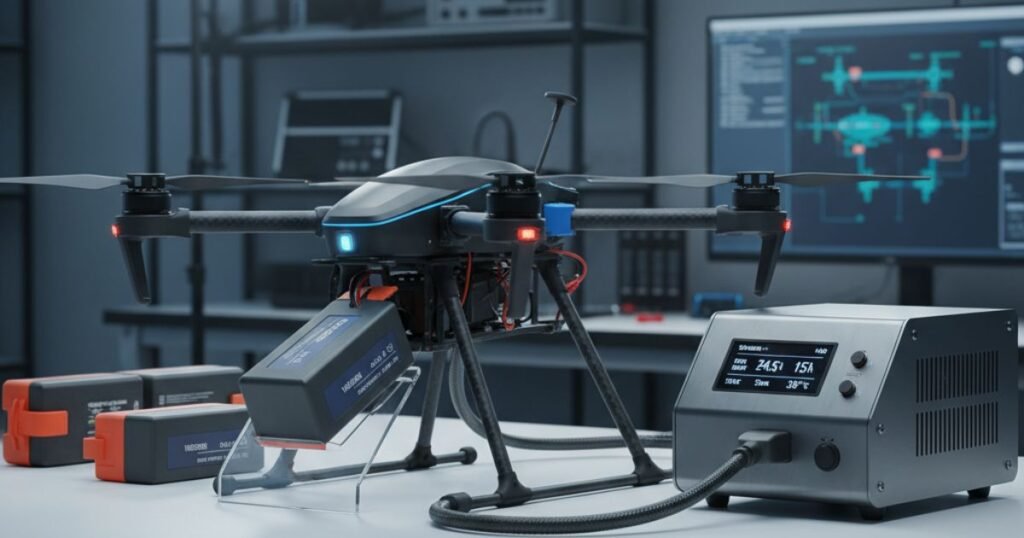 Batería inteligente para drone y centro de carga múltiple sobre fondo técnico - Aerovista Store
