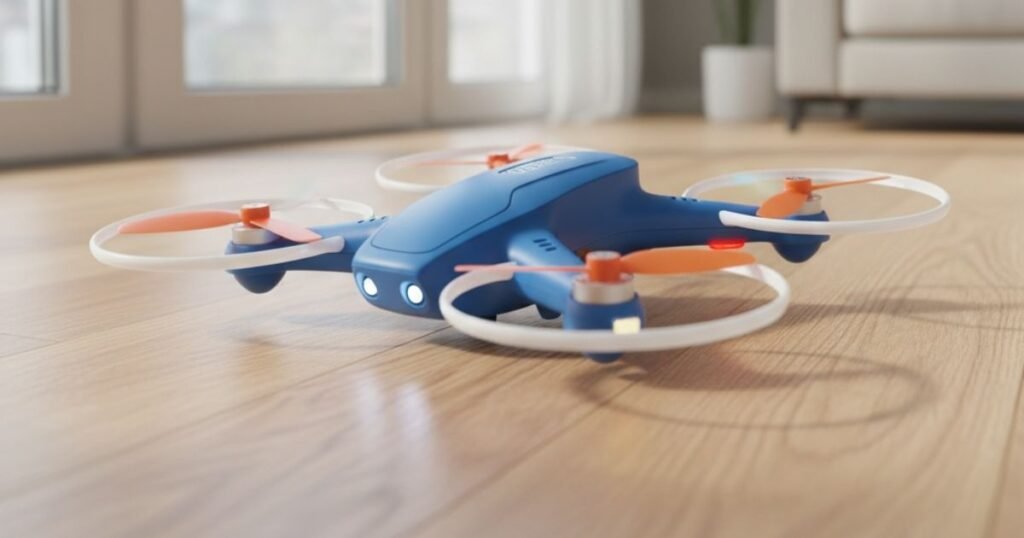 Niño volando un mini drone con protectores integrados en una sala de estar - Aerovista Store